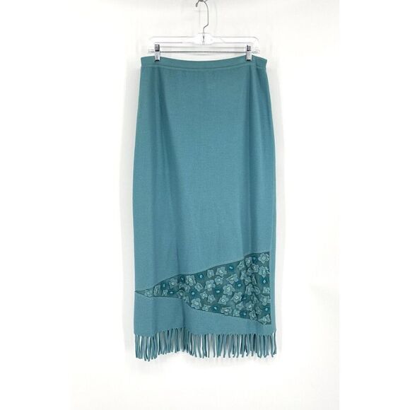 Teri Jon Rickie Freeman Long Wool Skirt Fringe Floral Appliqué Beaded Size XL - Picture 1 of 6